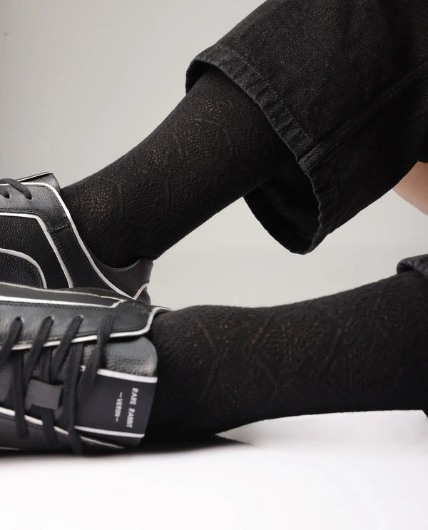 Rare Rabbit Men's Jacq Black Cotton Fabric Mid Calf Socks