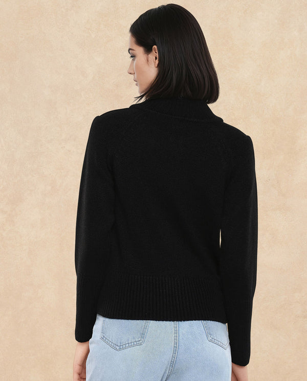 Rareism Women Jagger Black Acrylic Fabric Raglan Sleeves High Neck Zipper Closure Plain Sweater