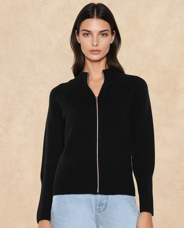 Rareism Women Jagger Black Acrylic Fabric Raglan Sleeves High Neck Zipper Closure Plain Sweater