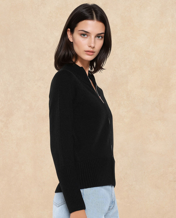 Rareism Women Jagger Black Acrylic Fabric Raglan Sleeves High Neck Zipper Closure Plain Sweater