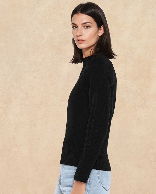Rareism Women Jagger Black Acrylic Fabric Raglan Sleeves High Neck Zipper Closure Plain Sweater