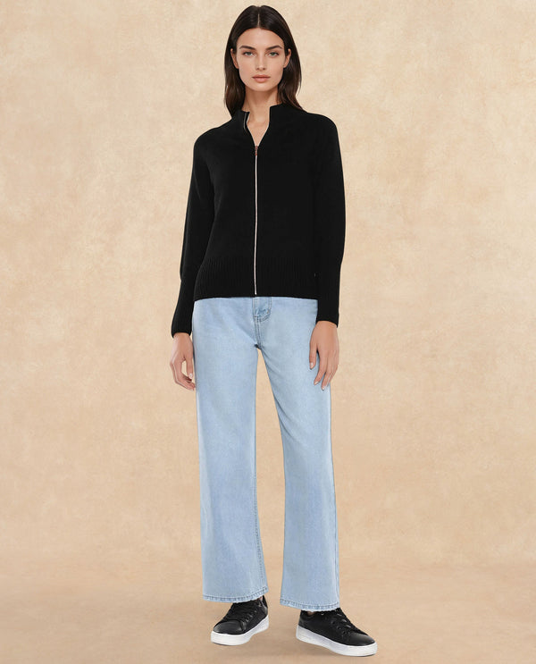 Rareism Women Jagger Black Acrylic Fabric Raglan Sleeves High Neck Zipper Closure Plain Sweater
