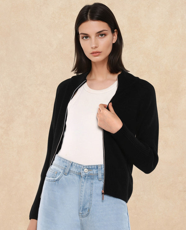 Rareism Women Jagger Black Acrylic Fabric Raglan Sleeves High Neck Zipper Closure Plain Sweater
