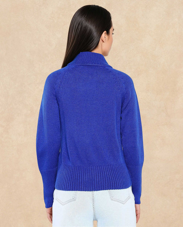 Rareism Women Jagger Blue Acrylic Fabric Raglan Sleeves High Neck Zipper Closure Plain Sweater