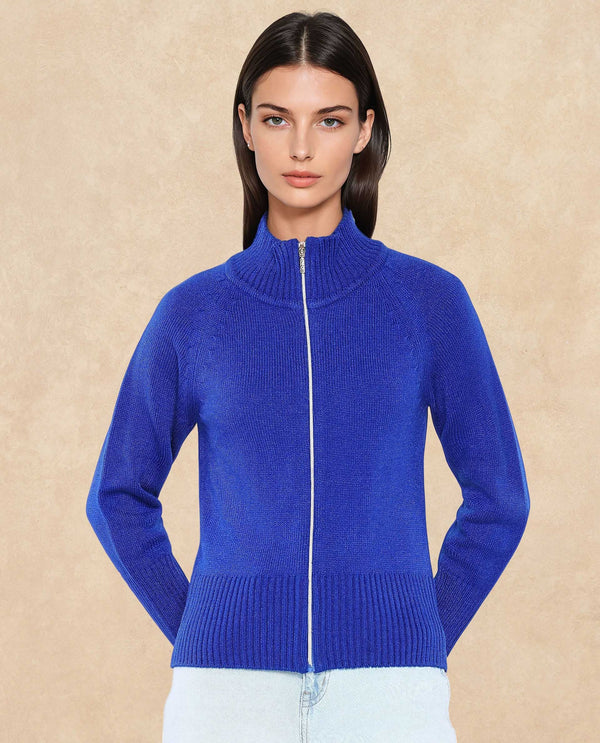 Rareism Women Jagger Blue Acrylic Fabric Raglan Sleeves High Neck Zipper Closure Plain Sweater
