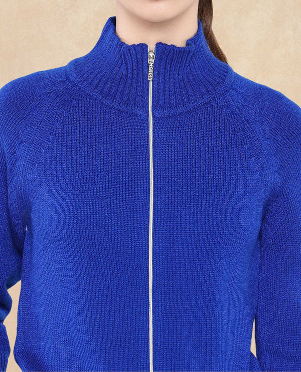 Rareism Women Jagger Blue Acrylic Fabric Raglan Sleeves High Neck Zipper Closure Plain Sweater