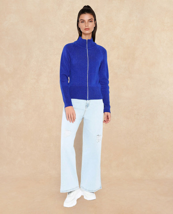 Rareism Women Jagger Blue Acrylic Fabric Raglan Sleeves High Neck Zipper Closure Plain Sweater