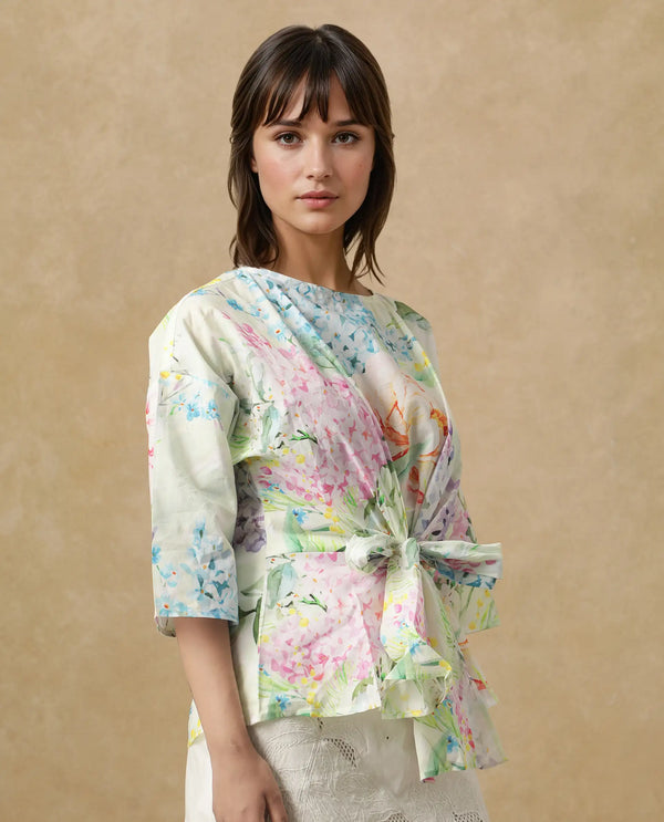 Rareism Women Jalisco Light Multi Extended Sleeves V-Neck Loop Relaxed Fit Floral Print Top