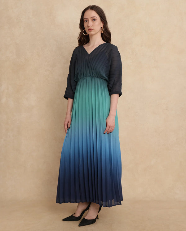 Rareism Women's Janambi Dark Blue Polyester Fabric V-Neck Slip-On Closure Kimono Sleeve Ombre Flared Maxi Dress