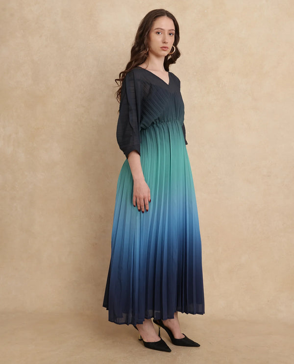 Rareism Women's Janambi Dark Blue Polyester Fabric V-Neck Slip-On Closure Kimono Sleeve Ombre Flared Maxi Dress