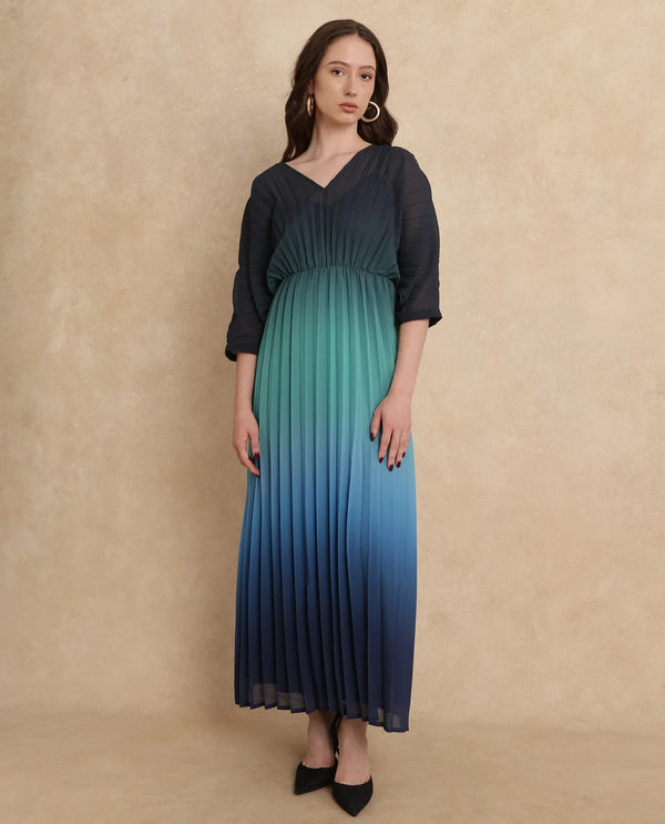 Rareism Women's Janambi Dark Blue Polyester Fabric V-Neck Slip-On Closure Kimono Sleeve Ombre Flared Maxi Dress