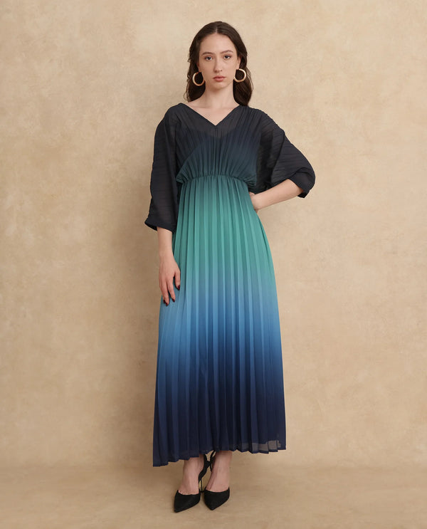Rareism Women's Janambi Dark Blue Polyester Fabric V-Neck Slip-On Closure Kimono Sleeve Ombre Flared Maxi Dress