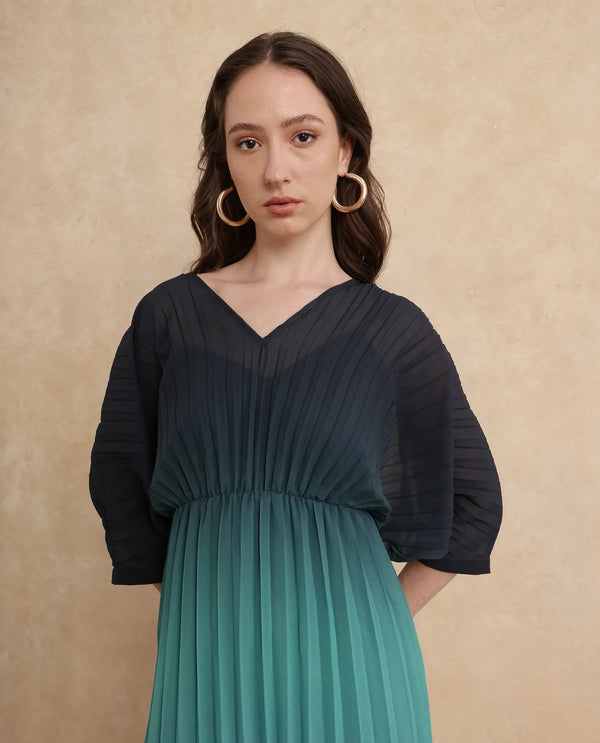 Rareism Women's Janambi Dark Blue Polyester Fabric V-Neck Slip-On Closure Kimono Sleeve Ombre Flared Maxi Dress