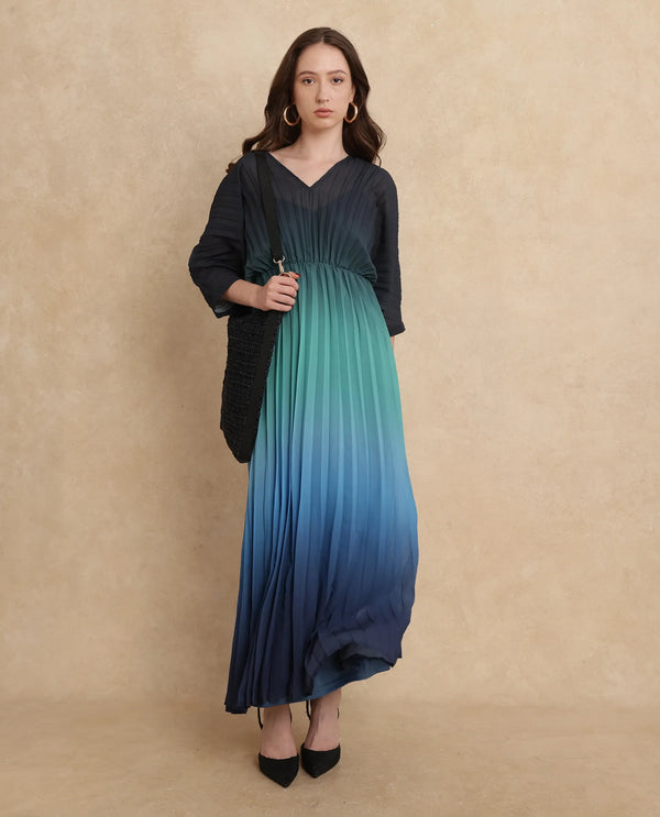 Rareism Women's Janambi Dark Blue Polyester Fabric V-Neck Slip-On Closure Kimono Sleeve Ombre Flared Maxi Dress