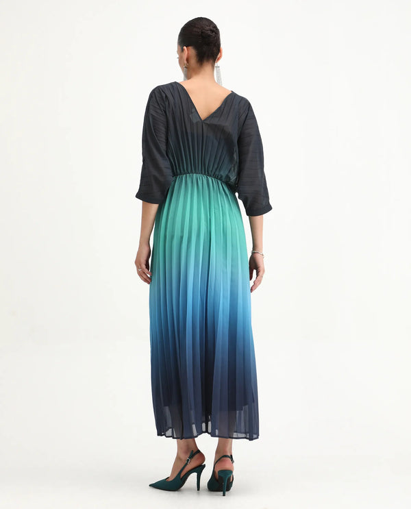 Rareism Women's Janambi Dark Blue 100% Polyester Fabric V-Neck Slip-On Closure Kimono Sleeve Ombre Flared Maxi Dress