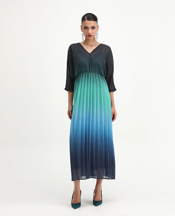 Rareism Women's Janambi Dark Blue 100% Polyester Fabric V-Neck Slip-On Closure Kimono Sleeve Ombre Flared Maxi Dress