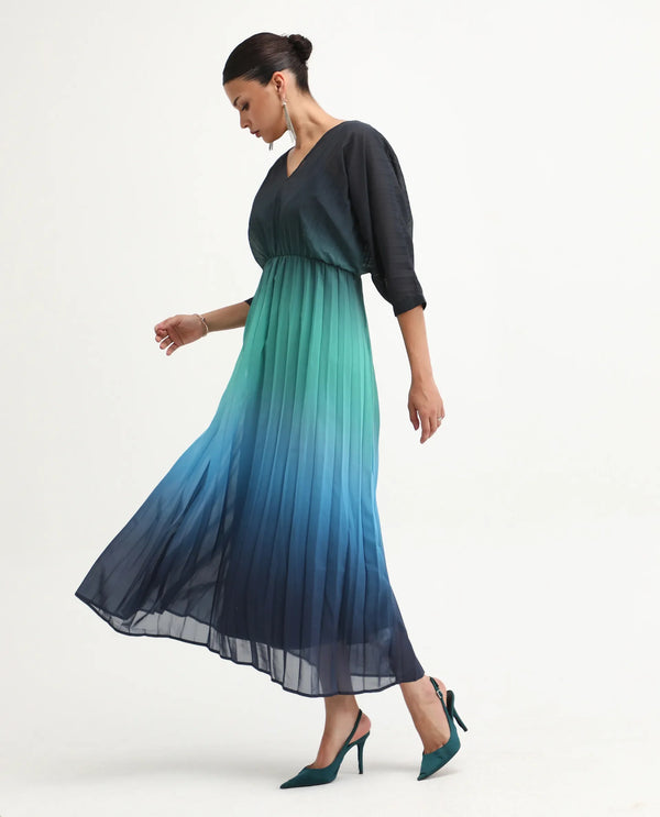 Rareism Women's Janambi Dark Blue 100% Polyester Fabric V-Neck Slip-On Closure Kimono Sleeve Ombre Flared Maxi Dress