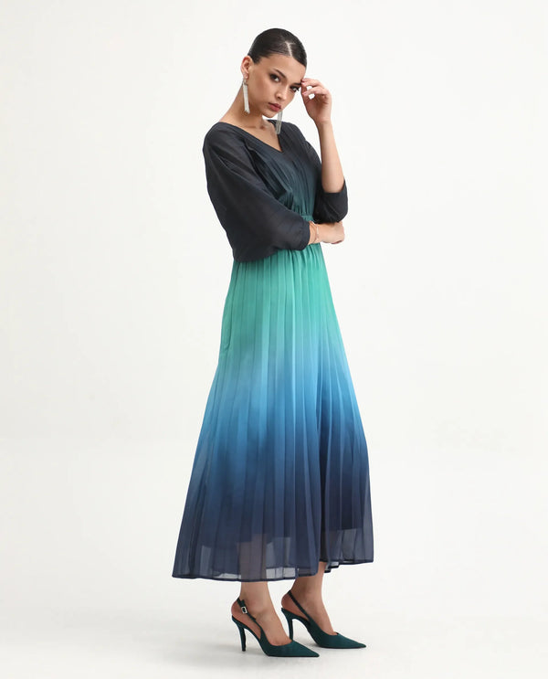 Rareism Women's Janambi Dark Blue 100% Polyester Fabric V-Neck Slip-On Closure Kimono Sleeve Ombre Flared Maxi Dress