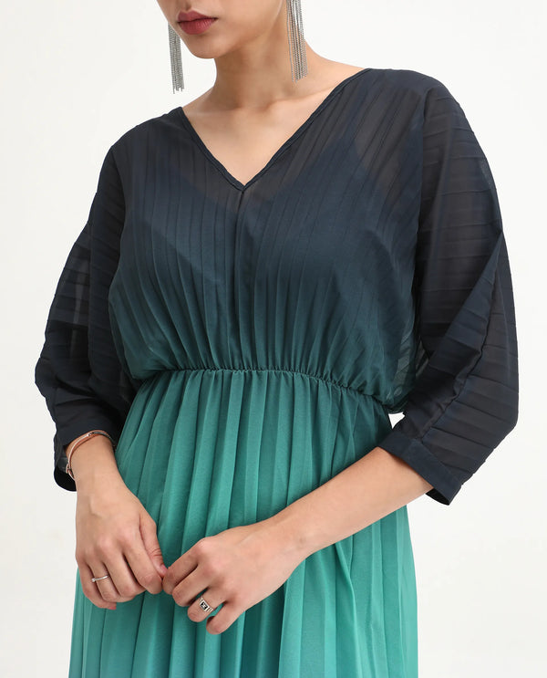Rareism Women's Janambi Dark Blue 100% Polyester Fabric V-Neck Slip-On Closure Kimono Sleeve Ombre Flared Maxi Dress