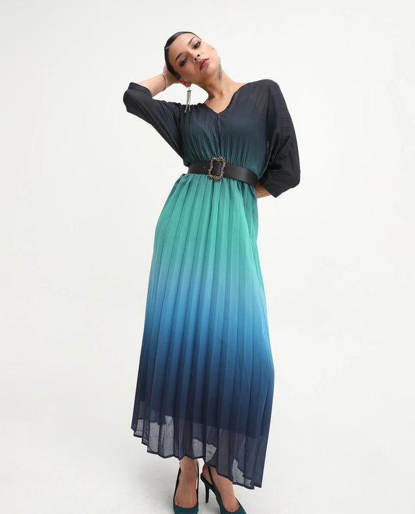 Rareism Women's Janambi Dark Blue 100% Polyester Fabric V-Neck Slip-On Closure Kimono Sleeve Ombre Flared Maxi Dress