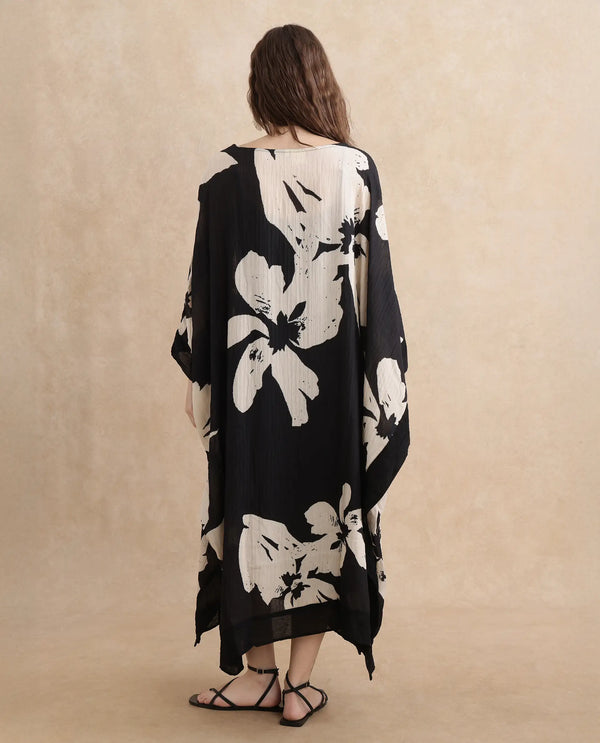 Rareism Women Janarea Black Polyester Fabric Kaftan Fit Boat Neck Kaftan Midi Abstract Print Dress