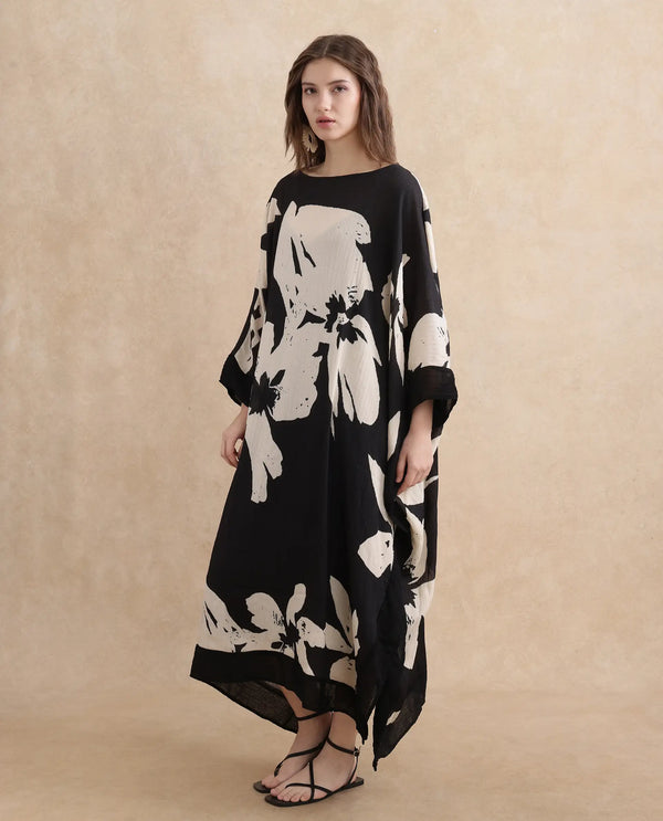 Rareism Women Janarea Black Polyester Fabric Kaftan Fit Boat Neck Kaftan Midi Abstract Print Dress