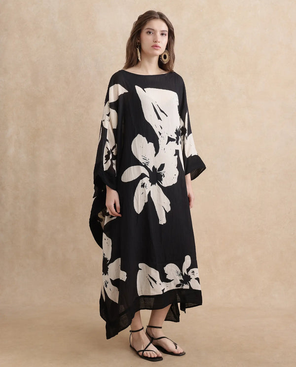 Rareism Women Janarea Black Polyester Fabric Kaftan Fit Boat Neck Kaftan Midi Abstract Print Dress