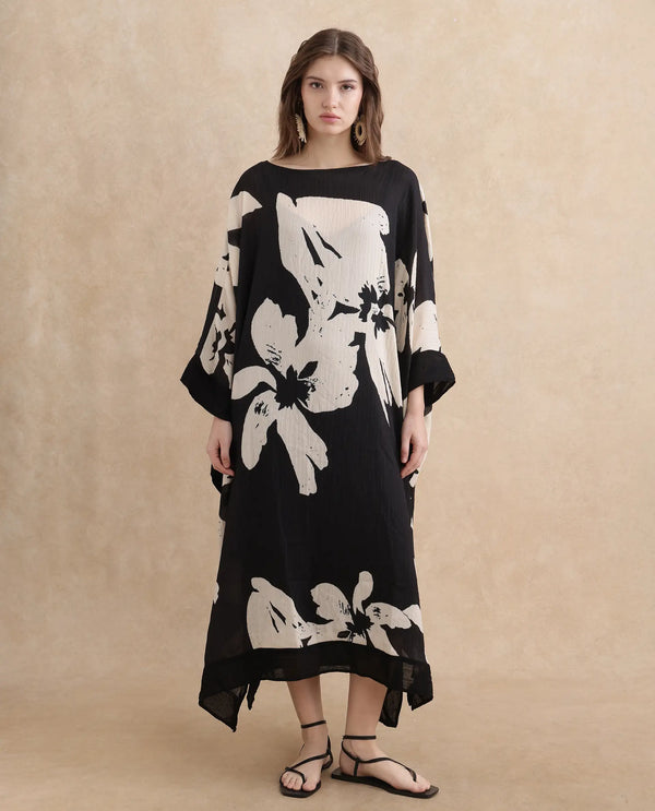 Rareism Women Janarea Black Polyester Fabric Kaftan Fit Boat Neck Kaftan Midi Abstract Print Dress