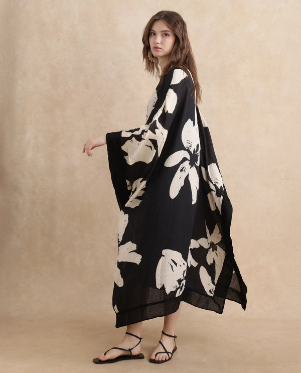 Rareism Women Janarea Black Polyester Fabric Kaftan Fit Boat Neck Kaftan Midi Abstract Print Dress