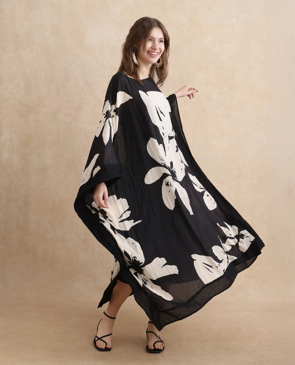 Rareism Women Janarea Black Polyester Fabric Kaftan Fit Boat Neck Kaftan Midi Abstract Print Dress