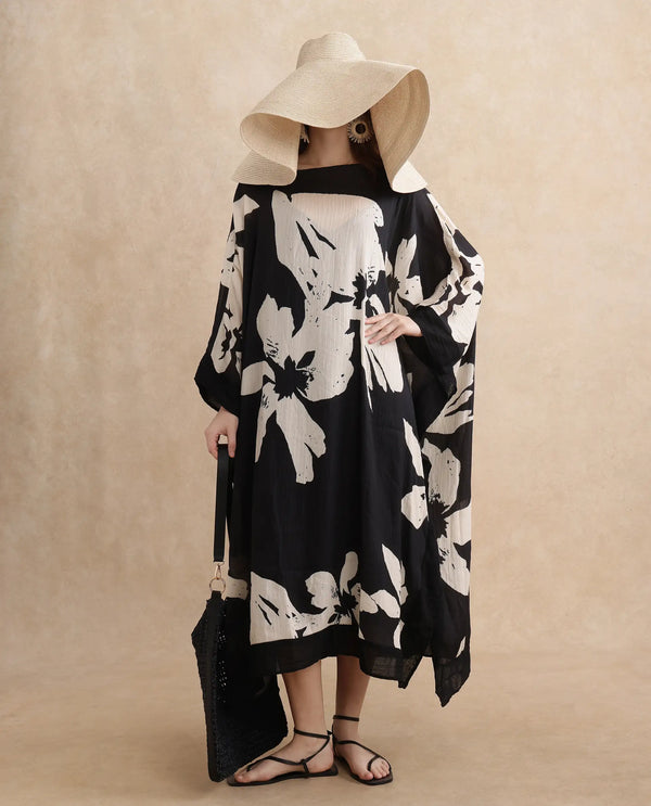 Rareism Women Janarea Black Polyester Fabric Kaftan Fit Boat Neck Kaftan Midi Abstract Print Dress
