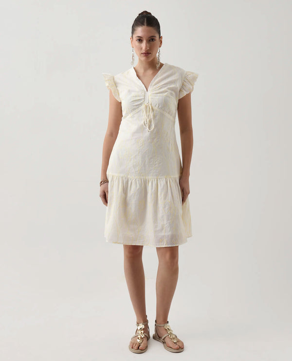 Rareism Women Janarivi Off White  100% Cotton Fabric Ruffled Sleeve Fit And Flare Knee Length Embroidered Dress