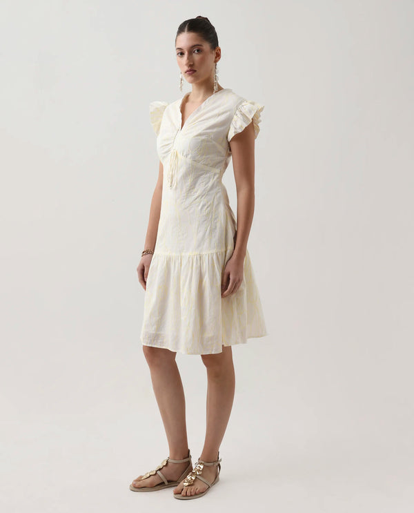 Rareism Women Janarivi Off White  100% Cotton Fabric Ruffled Sleeve Fit And Flare Knee Length Embroidered Dress