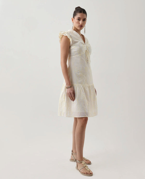 Rareism Women Janarivi Off White  100% Cotton Fabric Ruffled Sleeve Fit And Flare Knee Length Embroidered Dress