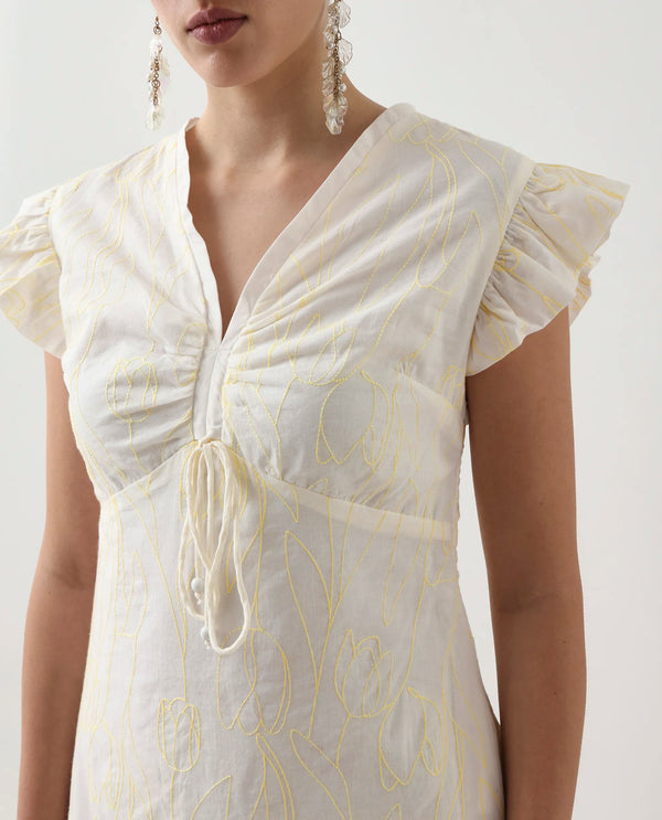 Rareism Women Janarivi Off White  100% Cotton Fabric Ruffled Sleeve Fit And Flare Knee Length Embroidered Dress