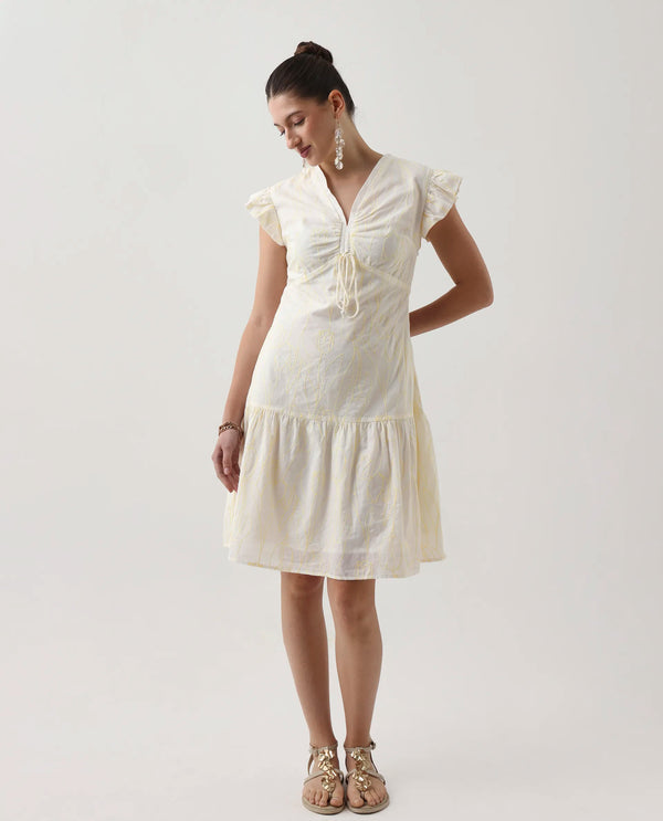 Rareism Women Janarivi Off White  100% Cotton Fabric Ruffled Sleeve Fit And Flare Knee Length Embroidered Dress