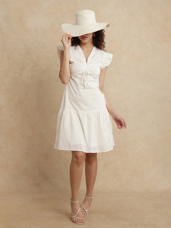 Rareism Women Janarivi Off White Cotton Fabric Ruffled Sleeve Fit And Flare Knee Length Embroidered Dress