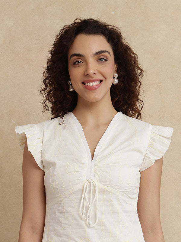 Rareism Women Janarivi Off White Cotton Fabric Ruffled Sleeve Fit And Flare Knee Length Embroidered Dress