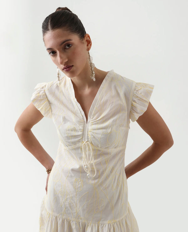 Rareism Women Janarivi Off White  100% Cotton Fabric Ruffled Sleeve Fit And Flare Knee Length Embroidered Dress