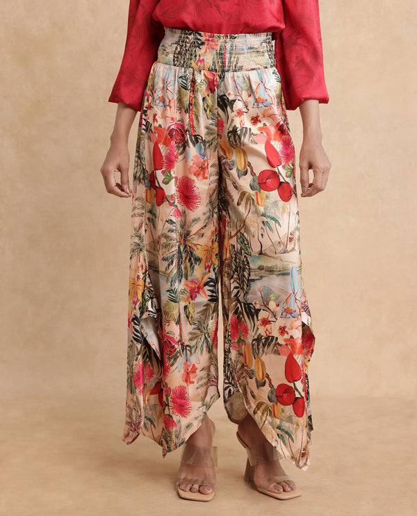 Rareism Women Janary Multi Tie Up Closure Flared Ankle Length Tropical Print Trouser