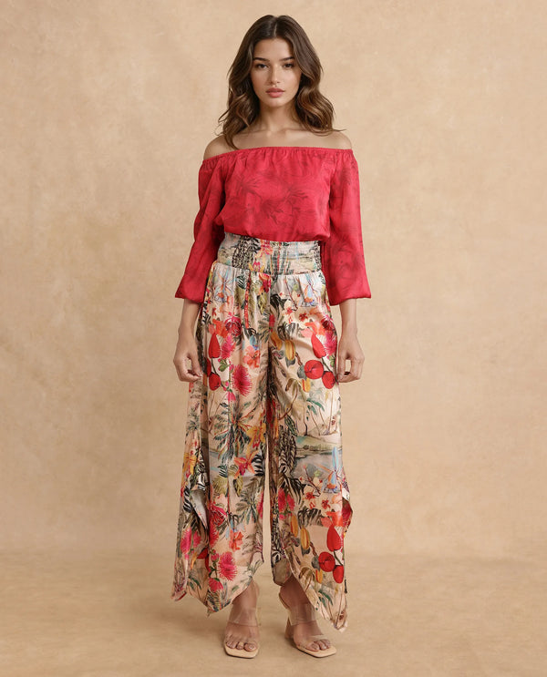 Rareism Women Janary Multi Tie Up Closure Flared Ankle Length Tropical Print Trouser