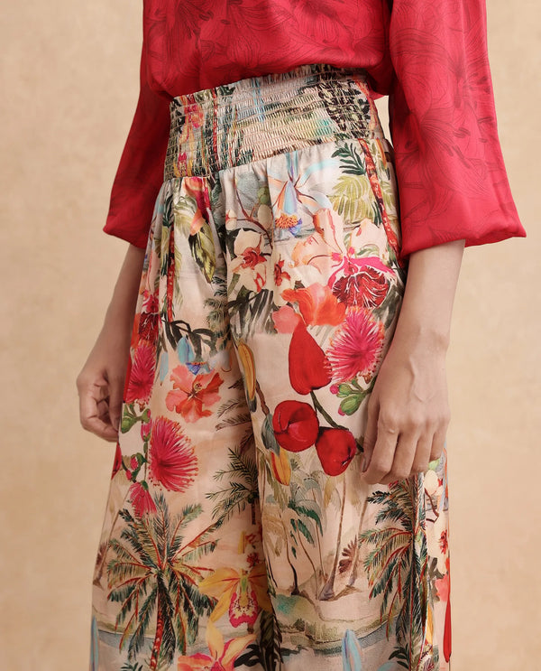 Rareism Women Janary Multi Tie Up Closure Flared Ankle Length Tropical Print Trouser