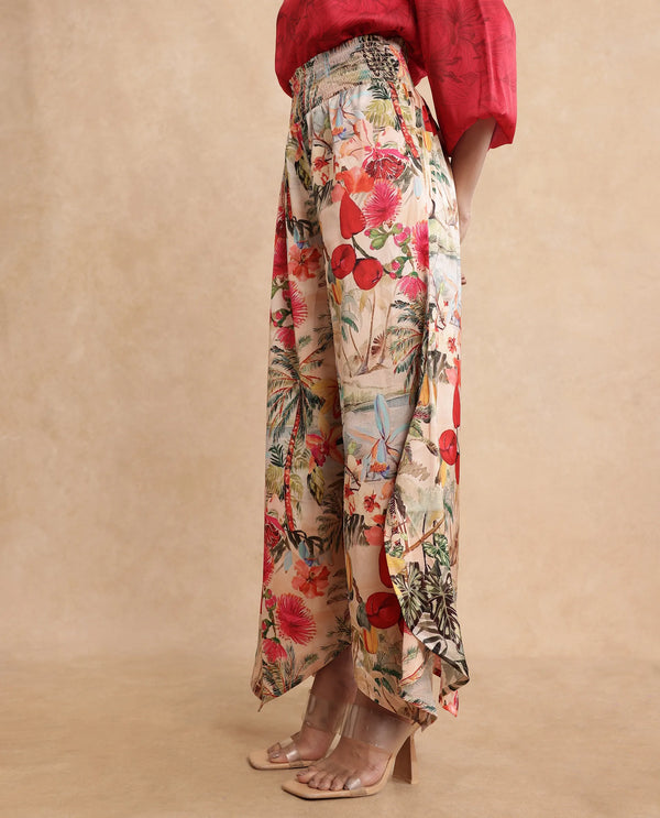 Rareism Women Janary Multi Tie Up Closure Flared Ankle Length Tropical Print Trouser