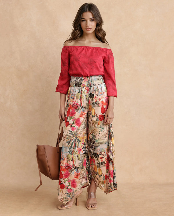 Rareism Women Janary Multi Tie Up Closure Flared Ankle Length Tropical Print Trouser