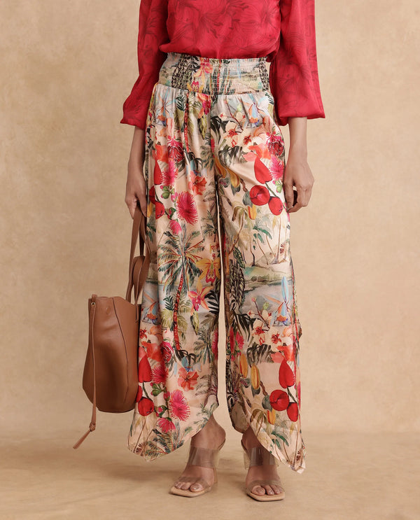 Rareism Women Janary Multi Tie Up Closure Flared Ankle Length Tropical Print Trouser