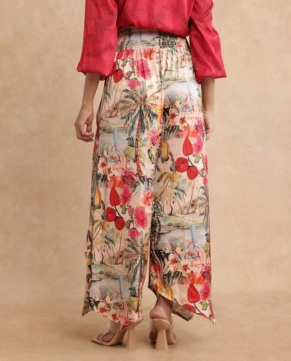 Rareism Women Janary Multi Tie Up Closure Flared Ankle Length Tropical Print Trouser