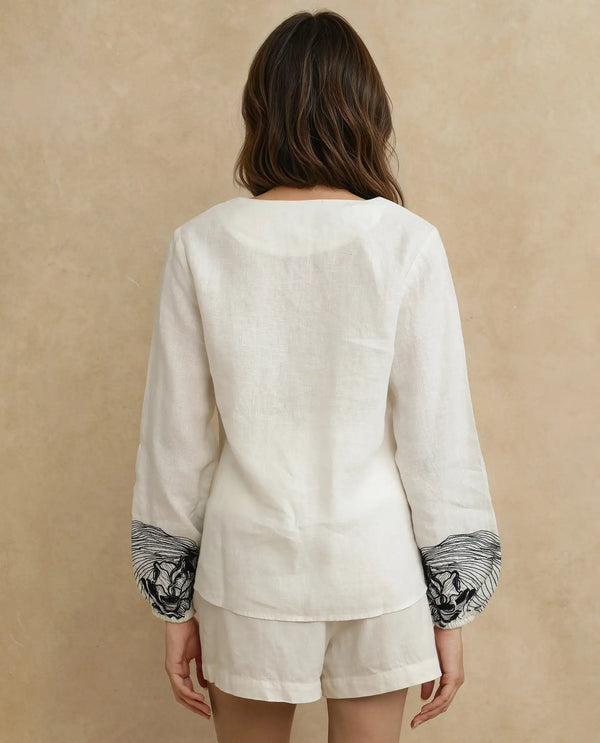 Rareism Women Janbo White Linen Fabric Bishop Sleeves Ruffled Neck Regular Fit Embroidered Top