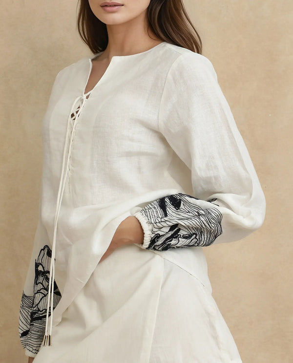 Rareism Women Janbo White Linen Fabric Bishop Sleeves Ruffled Neck Regular Fit Embroidered Top