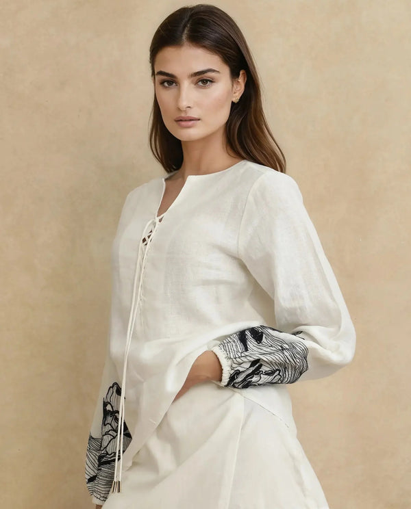 Rareism Women Janbo White Linen Fabric Bishop Sleeves Ruffled Neck Regular Fit Embroidered Top