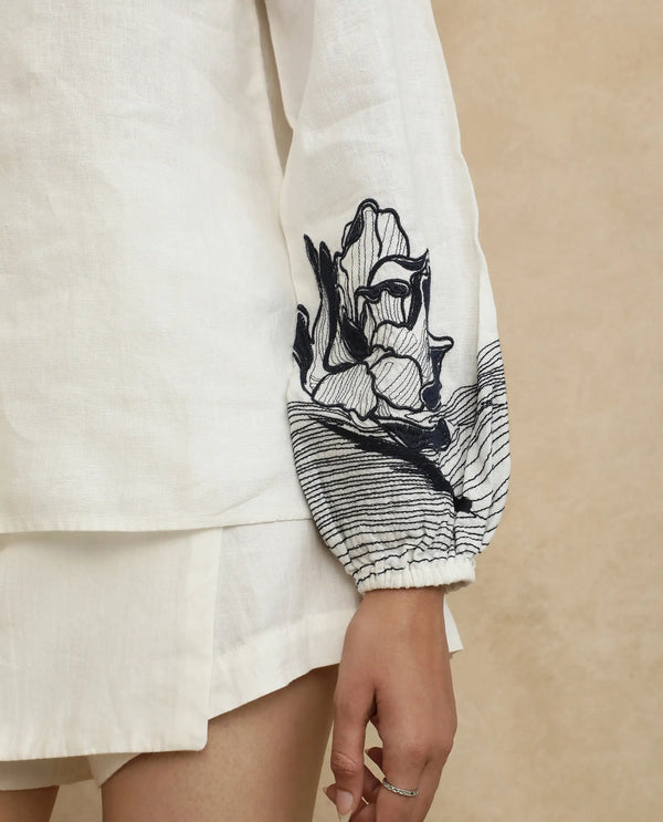 Rareism Women Janbo White Linen Fabric Bishop Sleeves Ruffled Neck Regular Fit Embroidered Top